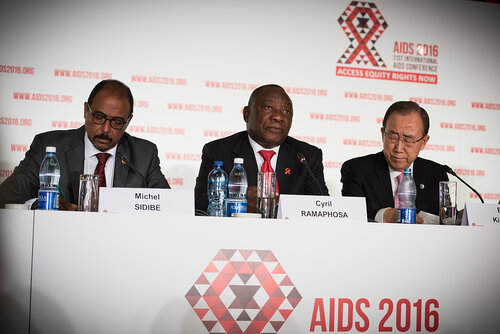 21st International AIDS Conference (AIDS 2016), Durban, South Africa. Photo shows: Official AIDS 2016 Opening Press Conference. (L-R) Michel Sidibe, Cyril Ramaphosa, Ban Ki-moon. Photo©International AIDS Society/Marcus Rose