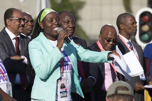 21st International AIDS Conference (AIDS 2016), Durban, South Africa.
Photo shows TAC March. Nkhensani Mavasa speaks during the TAC March in Durban, 18 July, 2016.
Photo©International AIDS Society/Rogan Ward)