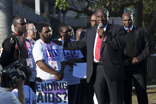21st International AIDS Conference (AIDS 2016), Durban, South Africa.
Photo shows TAC March. South Africa Deputy President Cyril Ramaphosa (right) speaks with Anele Boyce Yawa during the TAC March in Durban, 18 July, 2016.
Photo©International AIDS Society/Rogan Ward)