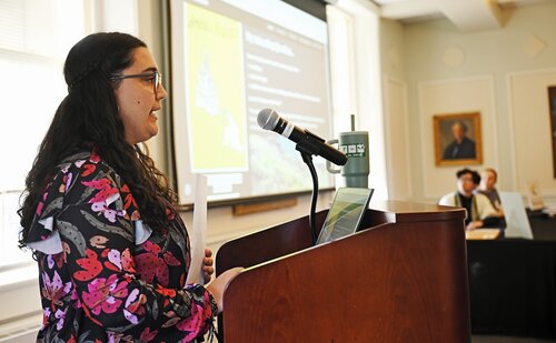 Julieta Moreira Reyes presents her SIP “Seeds of Knowledge” during the Justice and Sustainability panel session at the seventh annual All-College Symposium Thursday, November 6, 2025. (Connecticut College photos by Sean D. Elliot)
