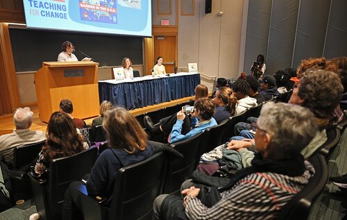 Sarah Goodman Duffy ’26 presents “New London: It's Happening! Mapping Community Cultural Connections”  during the Holleran Center panel session “New London Engagement and Beyond.” at the Seventh annual All-College Symposium Thursday, November 6, 2025. (Connecticut College photos by Sean D. Elliot)