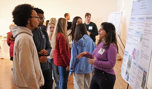 Rachel Lee ’26 presents “Coping with Cancer: Patients and Families” during the public health pathway poster session at the seventh annual All-College Symposium Thursday, November 6, 2025. (Connecticut College photos by Sean D. Elliot)