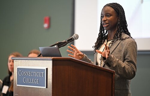 Hope Kisakye presents her SIP “Bridging Tradition and Innovation: An Interdisciplinary Approach to Vernacular Architecture” during the CISLA panel session at the seventh annual All-College Symposium Thursday, November 6, 2025. (Connecticut College photos by Sean D. Elliot)