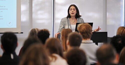 Rachel Letts ’26 presents “How does Ethnicity Impact Hispanic Communities in our Global Capitalist System?” in a Global Capitalism panel session at the Seventh annual All-College Symposium Thursday, November 6, 2025. (Connecticut College photos by Sean D. Elliot)
