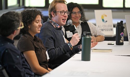 Ammerman Center for Arts and Technology panel session with moderator Steve Luger and panelists Maria Girgis ’26 Path to Entrepreneurship: Attempting to use AI as an Assistant for Creation, Isaac Merwin ’26 DALI: Dependent and Lonely Intelligence, and Willow Lopez ’26 Our Stolen Futures at the Seventh annual All-College Symposium Thursday, November 6, 2025. (Connecticut College photos by Sean D. Elliot)