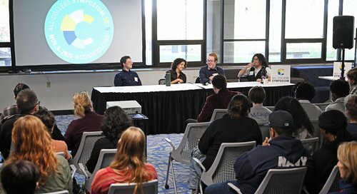 Ammerman Center for Arts and Technology panel session with moderator Steve Luger and panelists Maria Girgis ’26 Path to Entrepreneurship: Attempting to use AI as an Assistant for Creation, Isaac Merwin ’26 DALI: Dependent and Lonely Intelligence, and Willow Lopez ’26 Our Stolen Futures at the Seventh annual All-College Symposium Thursday, November 6, 2025. (Connecticut College photos by Sean D. Elliot)