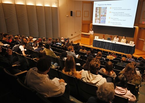 Lucy Koester presents “Ethical Participation in an Unethical System: Partnering with the NLHHC” during the Holleran Center panel session “New London Engagement and Beyond.” at the Seventh annual All-College Symposium Thursday, November 6, 2025. (Connecticut College photos by Sean D. Elliot)  Sarah Goodman Duffy New London: It's Happening! Mapping Community Cultural Connections 9:00 AM 9:50 AM Olivia McDonald Beyond Eminent Domain: Housing Insecurity in America