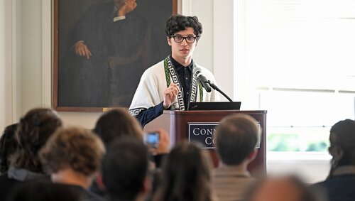 Kian Miranda-Rodriguez ’26 presents his SIP “Sustainability & Awareness: Food Security in Peru” during the Social Justice and Sustainability panel session at the seventh annual All-College Symposium Thursday, November 6, 2025. (Connecticut College photos by Sean D. Elliot)