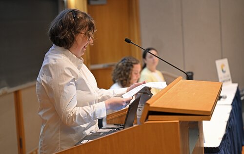 Sarah Goodman Duffy ’26 presents “New London: It's Happening! Mapping Community Cultural Connections”  during the Holleran Center panel session “New London Engagement and Beyond.” at the Seventh annual All-College Symposium Thursday, November 6, 2025. (Connecticut College photos by Sean D. Elliot)