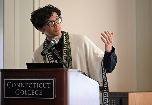 Kian Miranda-Rodriguez ’26 presents his SIP “Sustainability & Awareness: Food Security in Peru” during the Social Justice and Sustainability panel session at the seventh annual All-College Symposium Thursday, November 6, 2025. (Connecticut College photos by Sean D. Elliot)
