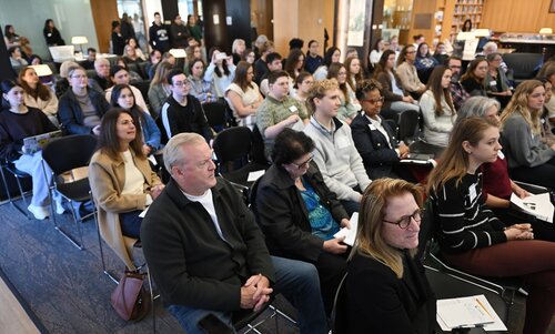 Global Capitalism panel session with Rosemary Bonides ’26, Nola Ciavola ’26, Lexi Downing ’26, Zoe Davin ’26, and Rachel Letts ’29 at the Seventh annual All-College Symposium Thursday, November 6, 2025. (Connecticut College photos by Sean D. Elliot) Seventh annual All-College Symposium Thursday, November 6, 2025. (Connecticut College photos by Sean D. Elliot)