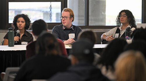 Ammerman Center for Arts and Technology panel session with moderator Steve Luger and panelists Maria Girgis ’26 Path to Entrepreneurship: Attempting to use AI as an Assistant for Creation, Isaac Merwin ’26 DALI: Dependent and Lonely Intelligence, and Willow Lopez ’26 Our Stolen Futures at the Seventh annual All-College Symposium Thursday, November 6, 2025. (Connecticut College photos by Sean D. Elliot)
