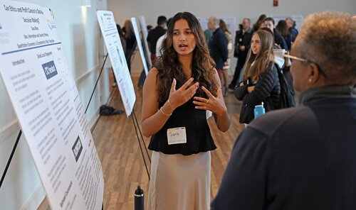 Sana Bhat presents her poster “Can Ethics & Profit Coexist in Data-Driven Decision Making?” During the Seventh annual All-College Symposium Thursday, November 6, 2025. (Connecticut College photos by Sean D. Elliot)