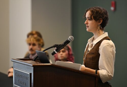CISLA panel session with Caleb Butler presenting “A True Story, An Untrue Story: Mythologizing National History in Augustan Rome” at the seventh annual All-College Symposium Thursday, November 6, 2025. (Connecticut College photos by Sean D. Elliot)