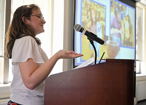 Allison Flemington ’26 presents “Community in Nature: Art as an Act of Care for Our Planet” during a Creativity pathway panel session at the Seventh annual All-College Symposium Thursday, November 6, 2025. (Connecticut College photos by Sean D. Elliot)