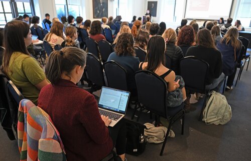 Elora Maxwell ’26 presents “Legacy: The Life of Art Beyond Its Medium” during a Creativity pathway panel session at the Seventh annual All-College Symposium Thursday, November 6, 2025. (Connecticut College photos by Sean D. Elliot)