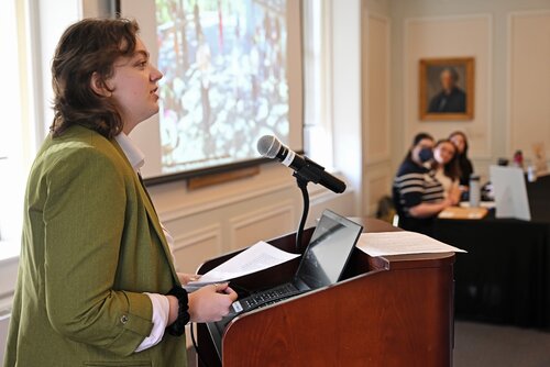 Elora Maxwell ’26 presents “Legacy: The Life of Art Beyond Its Medium” during a Creativity pathway panel session at the Seventh annual All-College Symposium Thursday, November 6, 2025. (Connecticut College photos by Sean D. Elliot)