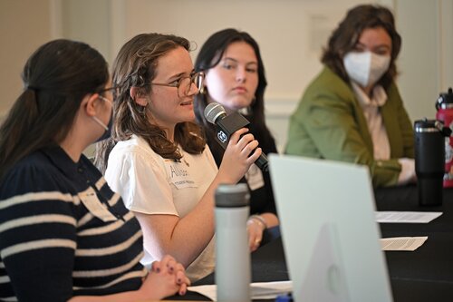 Julia Conner ’26, Allison Flemington ’26, Alek Sinon ’26, and Elora Maxwell ’26 during a Creativity Pathway panels session at the Seventh annual All-College Symposium Thursday, November 6, 2025. (Connecticut College photos by Sean D. Elliot)