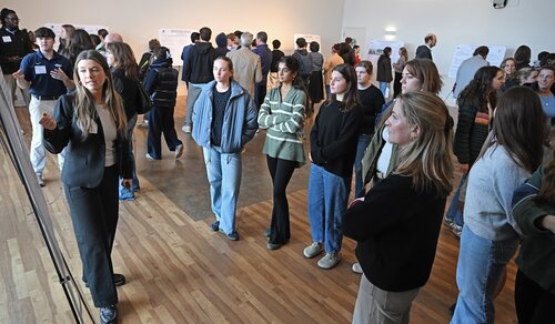 Allie McClafferty ’26 presnts “Changing the Narrative on Secondhand Clothing” during an Entrepreneurship pathway poster session at the seventh annual All-College Symposium Thursday, November 6, 2025. (Connecticut College photos by Sean D. Elliot)