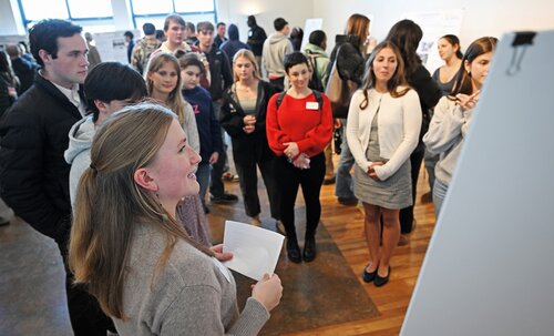 Adeline Wilson ’26 presents “Climate Action and Resilience: How Environmental Nonprofits Foster Healthy, Eco-conscious Communities” during the Social Justice and Sustainability poster session at the seventh annual All-College Symposium Thursday, November 6, 2025. (Connecticut College photos by Sean D. Elliot)