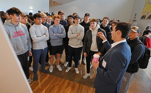 James Brennan ’26 presents “Building the Backbone: Powering U.S. Data Centers throughout the AI Boom” during the Entrepreneurship pathway poster session at the seventh annual All-College Symposium Thursday, November 6, 2025. (Connecticut College photos by Sean D. Elliot)