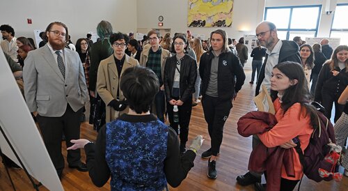 Sage Cohen-Rider ’26 presents “Teaching Non-Artists” during the Museum Studies poster session at the seventh annual All-College Symposium Thursday, November 6, 2025. (Connecticut College photos by Sean D. Elliot)