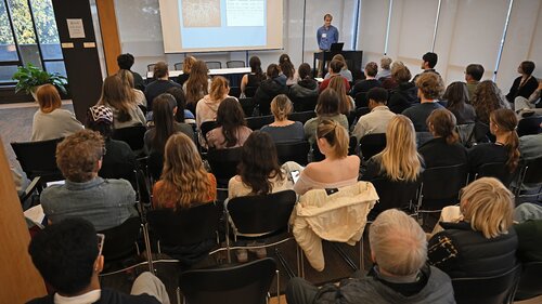 Andrew Harding ’26 presents “Can Understanding and Addressing the Roots of Conflict Produce a Lasting Peace?” during the Peace and Conflict pathway panel session with Emily Brankman ’26 presents “How Do Masculine Perceptions of Leadership Shape the Behavior of Female Politicians?”, Charlotte Head ’26 “What Determines the Success of an International Organization?”, and Anna Taylor ’26 “How Have Political Extremists Weaponized Classical History, and Why Does It Matter?” at the seventh annual All-College Symposium Thursday, November 6, 2025. (Connecticut College photos by Sean D. Elliot)