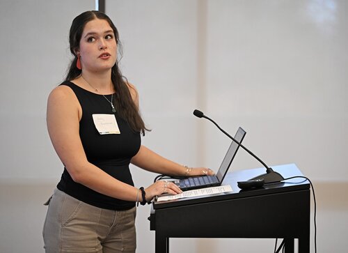 Emily Brankman ’26 presents “How Do Masculine Perceptions of Leadership Shape the Behavior of Female Politicians?” during the Peace and Conflict pathway panel session with Charlotte Head ’26 “What Determines the Success of an International Organization?”,  Andrew Harding ’26 “Can Understanding and Addressing the Roots of Conflict Produce a Lasting Peace?”, and Anna Taylor ’26 “How Have Political Extremists Weaponized Classical History, and Why Does It Matter?” at the seventh annual All-College Symposium Thursday, November 6, 2025. (Connecticut College photos by Sean D. Elliot)