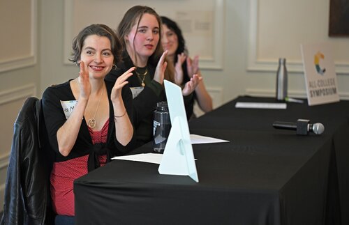 Panelists Ava Mary Aloia ’26, Ainsley Cornwall ’26, and Kate Jeffrey ’26 applaud Aoife Butler ’26 on her presentation “Everyone Joins a Band: Collaborative Art in a Disconnected World” during the Creativity pathway panel session at the seventh annual All-College Symposium Thursday, November 6, 2025. (Connecticut College photos by Sean D. Elliot)
