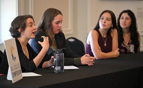 Panelists Ava Mary Aloia ’26  “An Actor's Training and the Empowering of a Human Being”, Ainsley Cornwall ’26 “Exploring Modern Misconceptions of History & Translating Them to Today”, Aoife Butler ’26 “Everyone Joins a Band: Collaborative Art in a Disconnected World”, and Kate Jeffrey ’26 “Artists Don't Need to Starve” answer questions during their Creativity Pathway panel session at the seventh annual All-College Symposium Thursday, November 6, 2025. (Connecticut College photos by Sean D. Elliot)