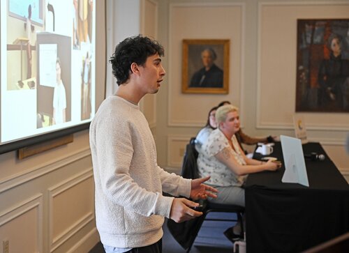 Gideon Bernstein ’26 presents “What is Equitable Education Policy?” during a Creativity pathway panel session with Grace Schmidt ’26 “Putting Art in Context: For Individuals, For Society”, Remy Lombardi ’26 “Is Education an End in Itself?”, and Elyse D'Amato ’26 “Preserving Humanity Within Art” at the seventh annual All-College Symposium Thursday, November 6, 2025. (Connecticut College photos by Sean D. Elliot)