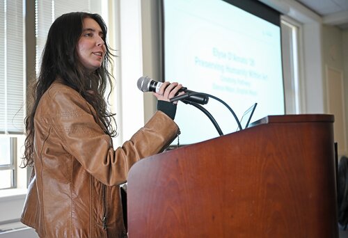 Elyse D'Amato ’26 presents “Preserving Humanity Within Art” during a Creativity pathway panel session withGideon Bernstein ’26 presents “What is Equitable Education Policy?”, Grace Schmidt ’26 “Putting Art in Context: For Individuals, For Society”, and Remy Lombardi ’26 “Is Education an End in Itself?” at the seventh annual All-College Symposium Thursday, November 6, 2025. (Connecticut College photos by Sean D. Elliot)