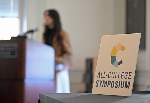 Elyse D'Amato ’26 presents “Preserving Humanity Within Art” during a Creativity pathway panel session withGideon Bernstein ’26 presents “What is Equitable Education Policy?”, Grace Schmidt ’26 “Putting Art in Context: For Individuals, For Society”, and Remy Lombardi ’26 “Is Education an End in Itself?” at the seventh annual All-College Symposium Thursday, November 6, 2025. (Connecticut College photos by Sean D. Elliot)