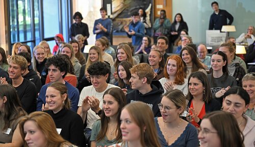 Media, Rhetoric, and Communication panel session with Kevin Lieue ’26, Elizabeth York ’26, Hannah DelGrego ’26,  Lauren Fitzharris ‘26 at the seventh annual All-College Symposium Thursday, November 6, 2025. (Connecticut College photos by Sean D. Elliot)