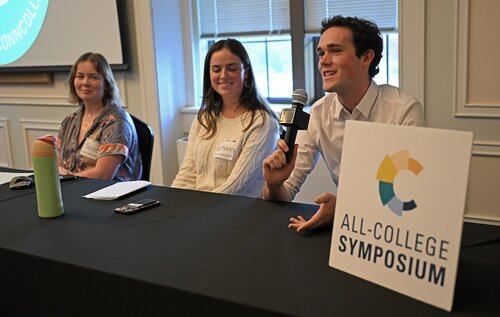 Maisie Higgins ’26, Kathleen Edison ’26, and Palmer Okai ’26 answer questions during a Creativity Pathway penal session at the seventh annual All-College Symposium Thursday, November 6, 2025. (Connecticut College photos by Sean D. Elliot)