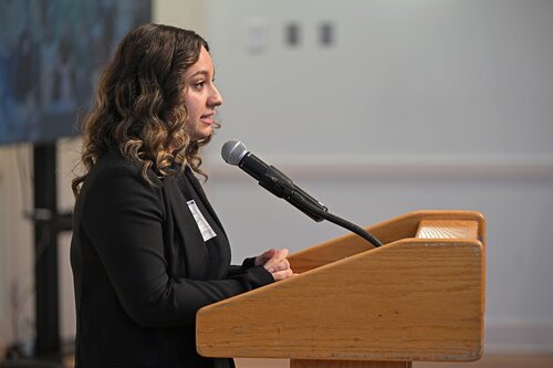 Mikayla Aquino ’26 gives a speech at the closing ceremonies for the seventh annual All-College Symposium Thursday, November 6, 2025. (Connecticut College photos by Sean D. Elliot)