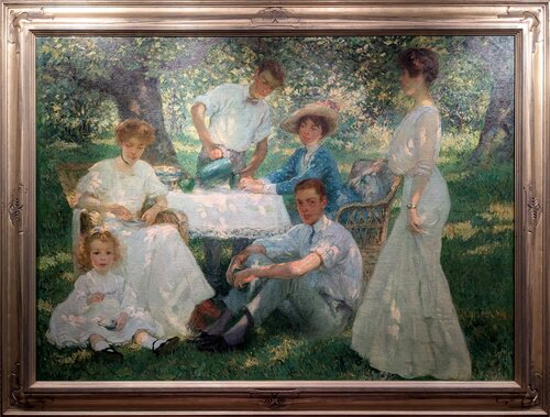 F. Luis Mora (American,1874-1940), Shadows in the Orchard, 1910, Oil on canvas. From the collection of John and Susan Hainsworth.