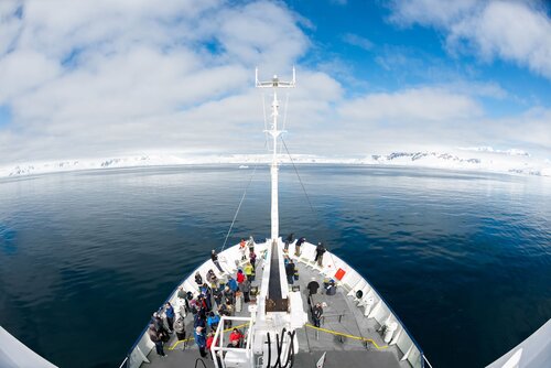 DNYH8T Fournier Bay Antarctica Cruise Ship Deck View // ANTARCTICA - Fournier Bay Antarctica