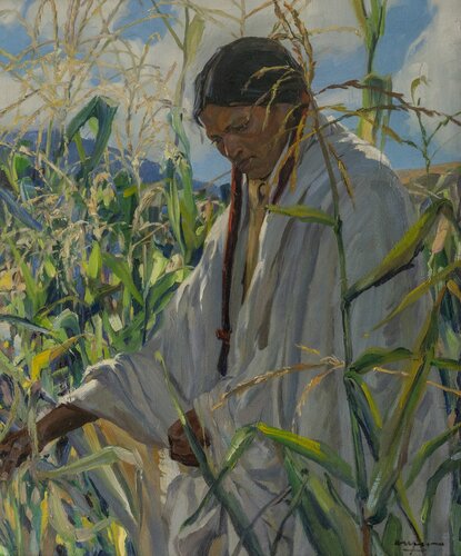 Walter Ufer (American, 1876-1936), Indian in Cornfield, n.d., Oil on canvas. On loan from the Nashville Parthenon. 1929.02.08.