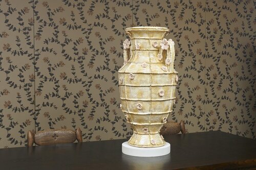 Maura Wright (b.1991), Yellow Amphora, 2024, earthenware, slip, glaze and luster. Photo by Alan Weiner.