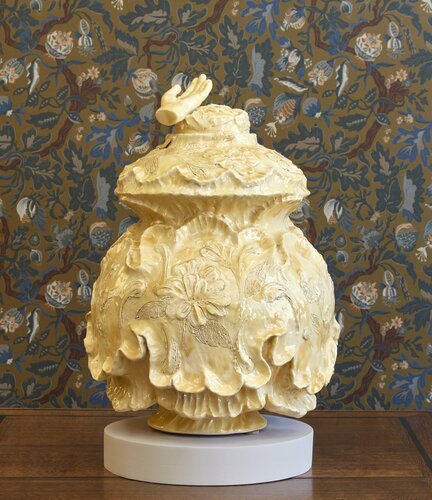 Hand Jar, 2023, earthenware, slip, glaze. Photo by Alan Weiner.
