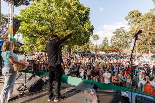 Attendees of the Santa Barbara Earth Day Festival gather at the Mainstage.
