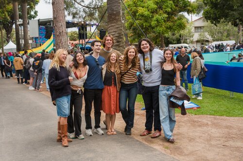 Attendees of the Santa Barbara Earth Day Festival pose in front of the Mainstage.