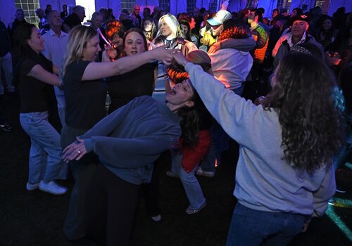 Alumni band, Rhythm Method with Michael Stryker '86, Donna Stryker, Wayne Elowe '86, David Warner '86, Andy Karp '89, Ross Dackow '87, Pam LeBow, Pete LeBow, and Mark Nickerson play at The After Party: Dance the Night Away to celebrate 40 years of hits!  at Reunion 2026 Saturday, May 30, 2026. (Connecticut College photos by Sean D. Elliot)