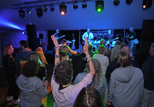 Alumni band, Rhythm Method with Michael Stryker '86, Donna Stryker, Wayne Elowe '86, David Warner '86, Andy Karp '89, Ross Dackow '87, Pam LeBow, Pete LeBow, and Mark Nickerson play at The After Party: Dance the Night Away to celebrate 40 years of hits!  at Reunion 2026 Saturday, May 30, 2026. (Connecticut College photos by Sean D. Elliot)