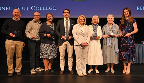 Legacy and Laurels at Reunion 2026 Saturday, May 30, 2026 at the Athey Center at Palmer Auditorium. The awards presented included; the Mach Arom ’89 Award to Zachary Larson ’16, the Agnes Berkeley Leahy Award Robert Shea ’91 P’26, the Harriet Buescher Lawrence ’34 Prize to Emily Callahan Hazelwood ’11, the Mary Ash Lazarus ’71 Goss Award to Mario An-Ming Sze Truxes ’71, the Alumni Tribute Award to Kenneth Kabel ’76 P’12, and the the Unity Award Veronica Venture ’86. (Connecticut College photos by Sean D. Elliot)