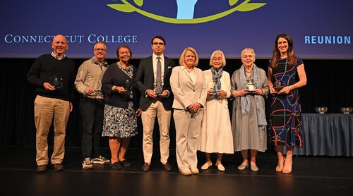 Legacy and Laurels at Reunion 2026 Saturday, May 30, 2026 at the Athey Center at Palmer Auditorium. The awards presented included; the Mach Arom ’89 Award to Zachary Larson ’16, the Agnes Berkeley Leahy Award Robert Shea ’91 P’26, the Harriet Buescher Lawrence ’34 Prize to Emily Callahan Hazelwood ’11, the Mary Ash Lazarus ’71 Goss Award to Mario An-Ming Sze Truxes ’71, the Alumni Tribute Award to Kenneth Kabel ’76 P’12, and the the Unity Award Veronica Venture ’86. (Connecticut College photos by Sean D. Elliot)