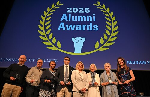 Legacy and Laurels at Reunion 2026 Saturday, May 30, 2026 at the Athey Center at Palmer Auditorium. The awards presented included; the Mach Arom ’89 Award to Zachary Larson ’16, the Agnes Berkeley Leahy Award Robert Shea ’91 P’26, the Harriet Buescher Lawrence ’34 Prize to Emily Callahan Hazelwood ’11, the Mary Ash Lazarus ’71 Goss Award to Mario An-Ming Sze Truxes ’71, the Alumni Tribute Award to Kenneth Kabel ’76 P’12, and the the Unity Award Veronica Venture ’86. (Connecticut College photos by Sean D. Elliot)