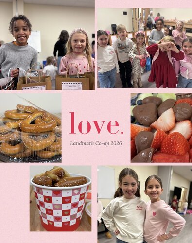 Title: "Landmark Co-op 2026 Event Collage"

Description: 

This image is a collage featuring a series of photographs from a community event. The central focus is a pink background with the word "love." prominently displayed in lowercase, followed by "Landmark Co-op 2026" in smaller text.

Top Left: A group of children is gathered around a table with gift bags. They are smiling and appear to be enjoying the event. The children are dressed in casual clothing, with one wearing a light sweater and another in a pink headband.

Top Right: A group of children is posing together, some holding pretzels and others smiling. They are dressed in various casual outfits, including dresses and sweaters.

Middle Left: A close-up of a tray filled with soft pretzels, sprinkled with salt. The pretzels are golden brown and arranged neatly.

Middle Right: A close-up of a plate with chocolate-covered strawberries and plain strawberries, showcasing a mix of red and brown colors.

Bottom Left: A cup with a heart pattern filled with small pretzel bites, suggesting a festive or themed event.

Bottom Right: Two young girls are standing together, smiling at the camera. They are wearing long-sleeved shirts, one with the word "LOVE" printed on it.

The setting appears to be indoors, possibly a community center or school, with neutral-colored walls and a warm, inviting atmosphere. The lighting is bright and natural, enhancing the cheerful and friendly mood of the event. The overall scene conveys a sense of community, joy, and togetherness.