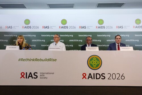 AIDS 2026, the 26th International AIDS Conference. Rio de Janeiro, Brazil.
Monday, 27 July 2026

ME. Media Briefing
In the photo: Tara Mansell, Alexandre Padilha, Tedros Adhanom Ghebreyesus, Jarbas Barbosa.

©️ Andréa Testoni / IAS